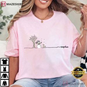Snowman Tree And Dog Winter Snowflake Custom Name T Shirt (1)