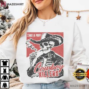 Smoking Skeleton Cowboy Killers Funny Skull Graphic T Shirt (4)
