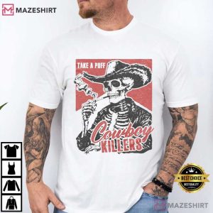 Smoking Skeleton Cowboy Killers Funny Skull Graphic T Shirt (1)