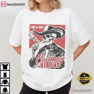Smoking Skeleton Cowboy Killers Funny Skull Graphic T Shirt (2)