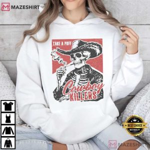 Smoking Skeleton Cowboy Killers Funny Skull Graphic T Shirt (3)