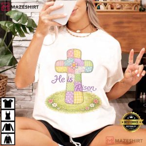 He Is Risen Christian Easter Patchwork Cross T Shirt (2)