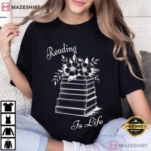 Reading Is Life Floral Book Stack T Shirt (2)