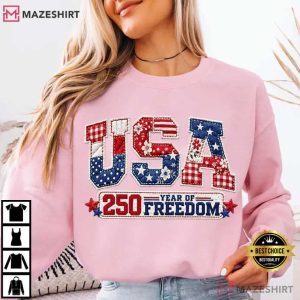 USA 250 Year Of Freedom Patriotic USA Not Real Patchwork T Shirt (3)