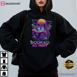 Booked All Night Retro Cat Reading Neon Literary T Shirt (4)