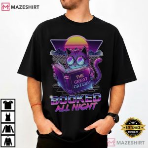 Booked All Night Retro Cat Reading Neon Literary T Shirt (1)