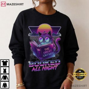 Booked All Night Retro Cat Reading Neon Literary T-Shirt