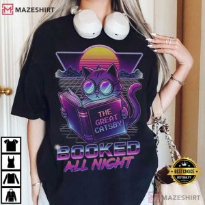 Booked All Night Retro Cat Reading Neon Literary T Shirt (3)