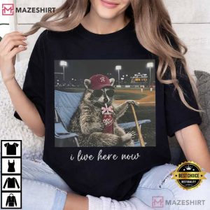 I Live Here Now Funny Raccoon Ballfield Dark T Shirt (1)