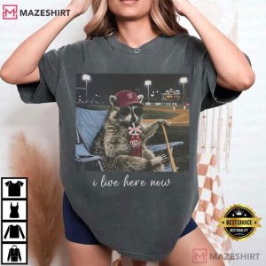 I Live Here Now Funny Raccoon Ballfield Dark T-Shirt