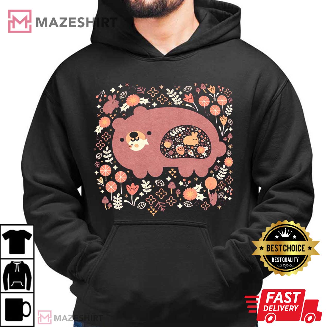 Bear Folk Art Cottage Core Floral T-Shirt