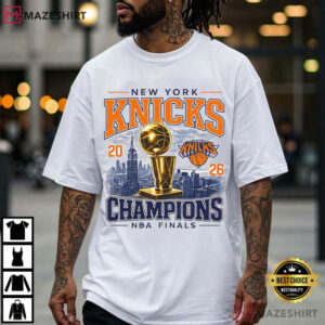 New York Knicks Champions 2026 NBA Finals Trophy City Skyline T Shirt (1)