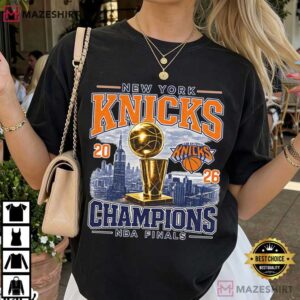 New York Knicks Champions 2026 NBA Finals Trophy City Skyline T Shirt (2)