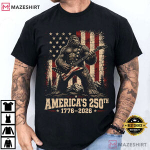 Bigfoot Sasquatch Playing Guitar 250 Years American USA Flag T Shirt (1)