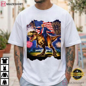 Trump Riding T Rex American Flag Fireworks 4th Of July T Shirt (1)