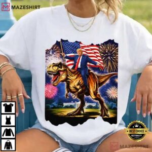 Trump Riding T Rex American Flag Fireworks 4th Of July T Shirt (2)