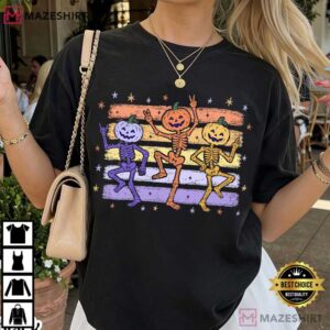 Preppy Pumpkin Skeleton Striped Halloween Autumn T Shirt (4)