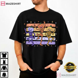 Preppy Pumpkin Skeleton Striped Halloween Autumn T Shirt (1)