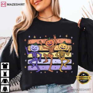 Preppy Pumpkin Skeleton Striped Halloween Autumn T Shirt (3)