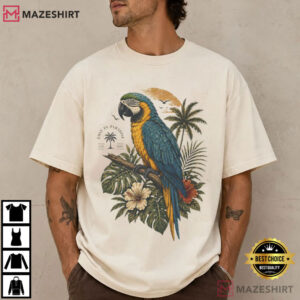 Blue And Gold Macaw Parrot Tropical Palm Sunset T Shirt (1)