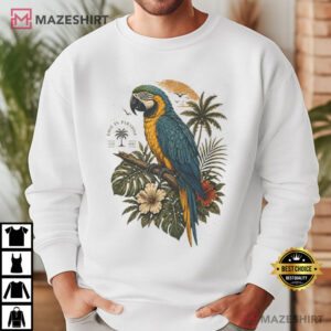 Blue And Gold Macaw Parrot Tropical Palm Sunset T Shirt (2)