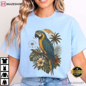 Blue And Gold Macaw Parrot Tropical Palm Sunset T Shirt (3)
