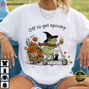Off To Get Spooky Season Halloween Frog Riding Scooter T Shirt (4)