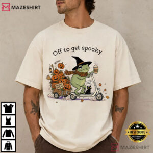 Off To Get Spooky Season Halloween Frog Riding Scooter T Shirt (1)