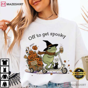 Off To Get Spooky Season Halloween Frog Riding Scooter T Shirt (2)