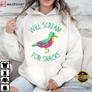 Will Scream For Snacks Seagull Funny Coastal Bird T Shirt (2)