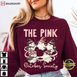 In October We Wear Pink Breast Cancer Ghost Halloween T Shirt (4)