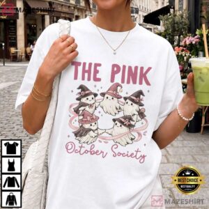 In October We Wear Pink Breast Cancer Ghost Halloween T Shirt (2)