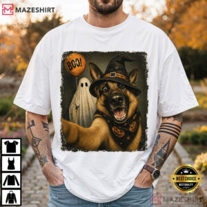 Halloween Selfie German Shepherd Witch Hat Ghost Dog T Shirt (1)