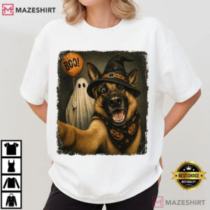 Halloween Selfie German Shepherd Witch Hat Ghost Dog T Shirt (2)