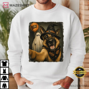 Halloween Selfie German Shepherd Witch Hat Ghost Dog T Shirt (3)