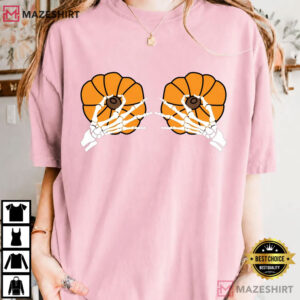 Breast Cancer Awareness Halloween Skeleton Hands And Orange Pumpkins T Shirt (4)