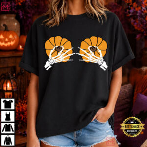 Breast Cancer Awareness Halloween Skeleton Hands And Orange Pumpkins T Shirt (1)