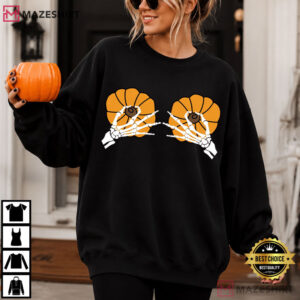 Breast Cancer Awareness Halloween Skeleton Hands And Orange Pumpkins T Shirt (2)