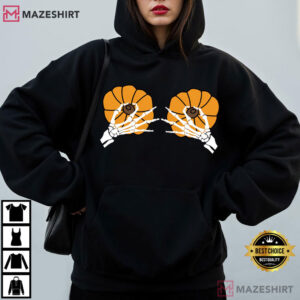 Breast Cancer Awareness Halloween Skeleton Hands And Orange Pumpkins T Shirt (3)