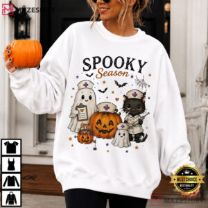 Spooky Season Cute Ghost Reading Book Black Cat Halloween T Shirt (4)