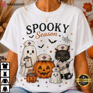 Spooky Season Cute Ghost Reading Book Black Cat Halloween T Shirt (1)