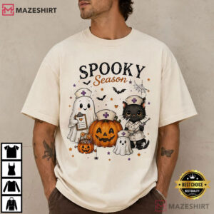 Spooky Season Cute Ghost Reading Book Black Cat Halloween T Shirt (2)