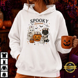 Spooky Season Cute Ghost Reading Book Black Cat Halloween T Shirt (3)