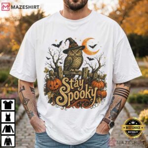 Stay Spooky Owl Halloween Vintage Witch Pumpkin Fall T Shirt (1)