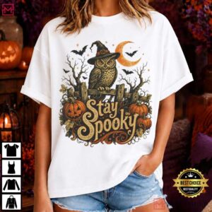 Stay Spooky Owl Halloween Vintage Witch Pumpkin Fall T Shirt (3)