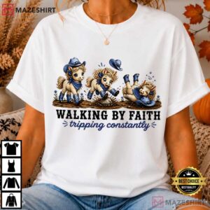 Denim Blue Cowgirl Horse Walking By Faith Tripping Constantly T Shirt (1)