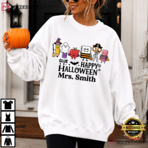 Teacher Halloween Custom Name School Supplies Spooky T Shirt (5)