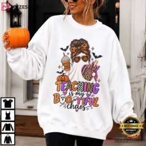 Teaching Is My Bootiful Chaos Halloween Teacher Ghost Pumpkin Bats T Shirt (4)