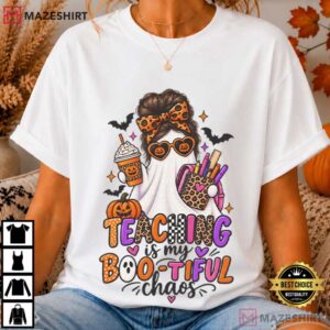 Teaching Is My Bootiful Chaos Halloween Teacher Ghost Pumpkin Bats T Shirt (1)