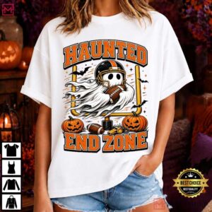 Haunted End Zone Ghost Football Halloween Spooky Game Day T Shirt (1)